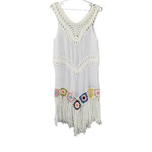 🏆049 Bohemian Crochet Fringe White Multi Sleeveless Swimsuit Coverup